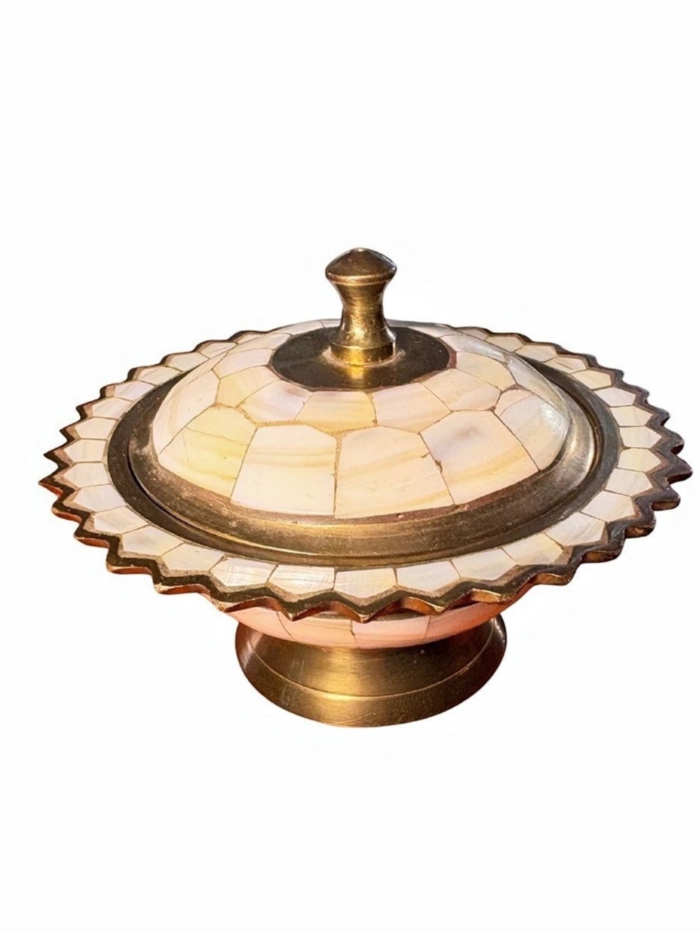 VTG Brass Mother of Pearl Lidded Trinket Dish Pedestal Urn Bowl Mosaic Inlay